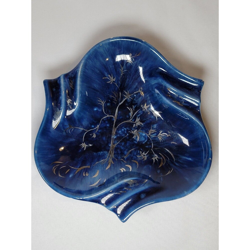 Vintage Glazed Ceramic Cobalt Blue Trinket Dish Silver Handpainted Tree Motif
